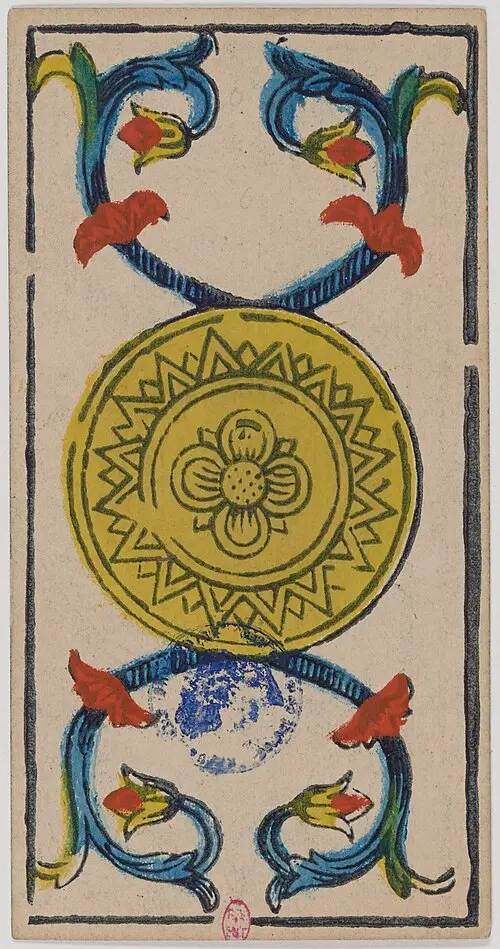 Ass der Münzen · As de Deniers. Historische Camoin-Karte, um 1890–1900, nach dem Conver-Muster.