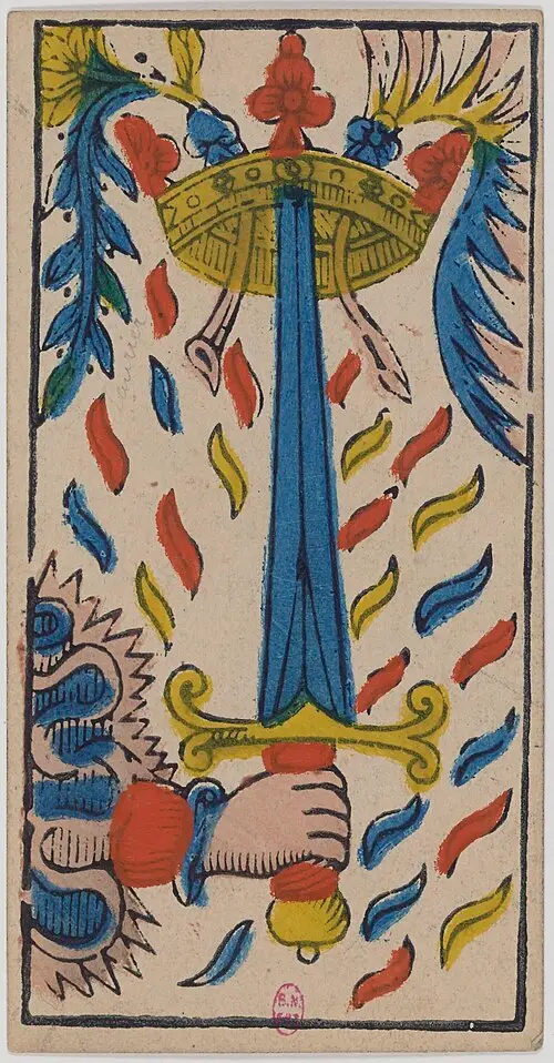 Ass der Schwerter · As de Épées. Historische Camoin-Karte, um 1890–1900, nach dem Conver-Muster.