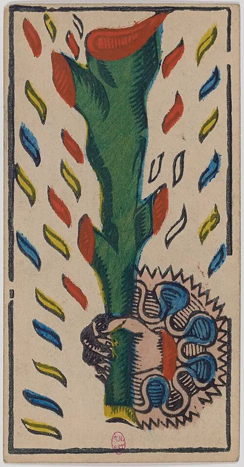 Ass der Stäbe · As de Bâtons. Historische Camoin-Karte, um 1890–1900, nach dem Conver-Muster.