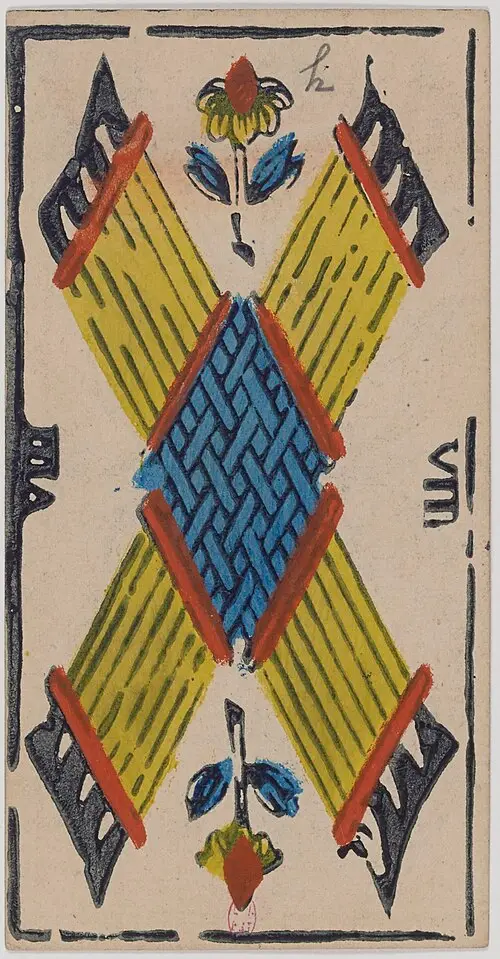 Acht der Stäbe · Huit de Bâtons. Historische Camoin-Karte, um 1890–1900, nach dem Conver-Muster.