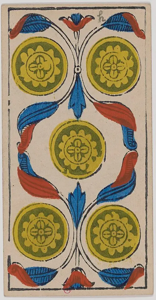 Fünf der Münzen · Cinq de Deniers. Historische Camoin-Karte, um 1890–1900, nach dem Conver-Muster.