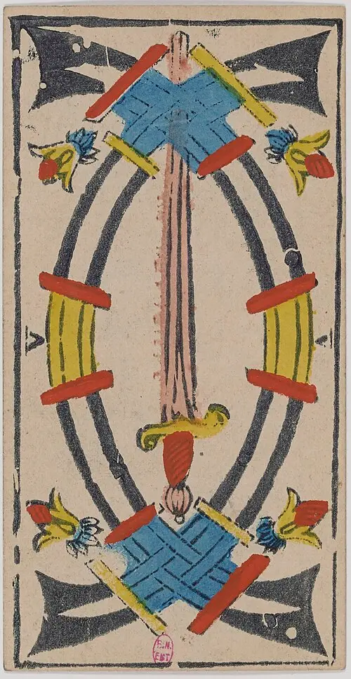 Fünf der Schwerter · Cinq de Épées. Historische Camoin-Karte, um 1890–1900, nach dem Conver-Muster.