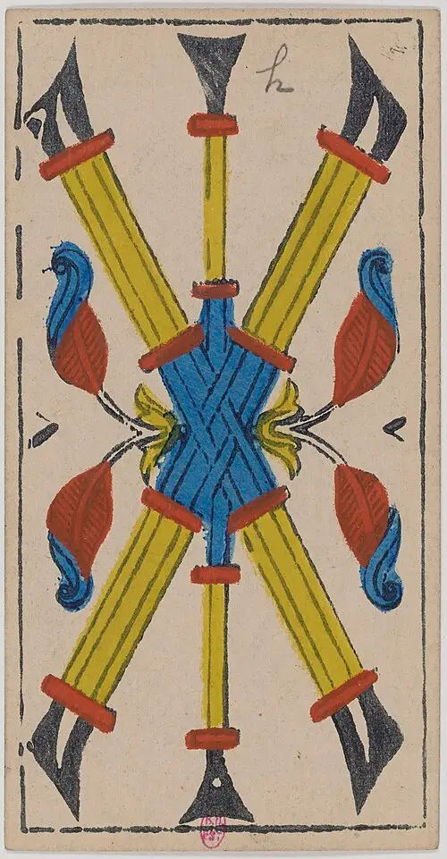 Fünf der Stäbe · Cinq de Bâtons. Historische Camoin-Karte, um 1890–1900, nach dem Conver-Muster.