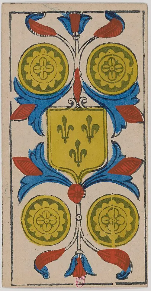 Vier der Münzen · Quatre de Deniers. Historische Camoin-Karte, um 1890–1900, nach dem Conver-Muster.
