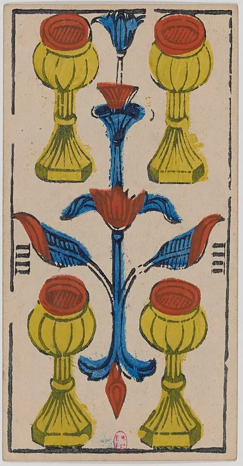 Vier der Kelche · Quatre de Coupes. Historische Camoin-Karte, um 1890–1900, nach dem Conver-Muster.