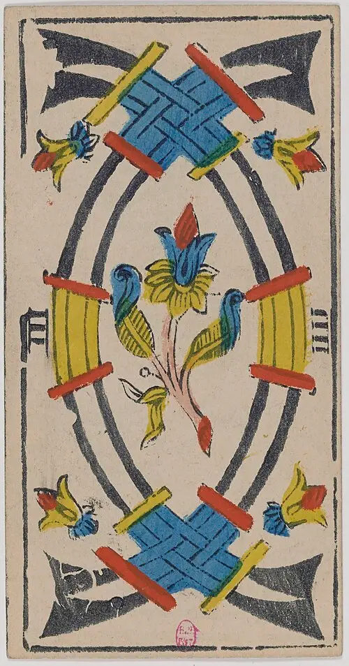 Vier der Schwerter · Quatre de Épées. Historische Camoin-Karte, um 1890–1900, nach dem Conver-Muster.