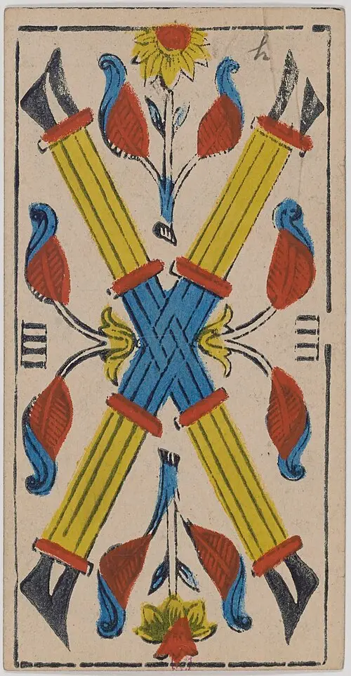 Vier der Stäbe · Quatre de Bâtons. Historische Camoin-Karte, um 1890–1900, nach dem Conver-Muster.