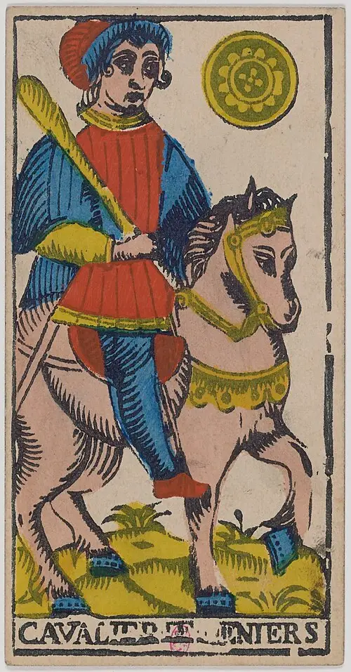 Ritter der Münzen · Cavalier de Deniers. Historische Camoin-Karte, um 1890–1900, nach dem Conver-Muster.