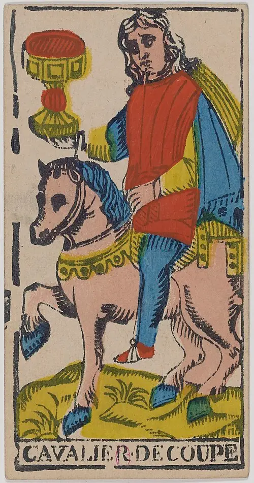 Ritter der Kelche · Cavalier de Coupes. Historische Camoin-Karte, um 1890–1900, nach dem Conver-Muster.