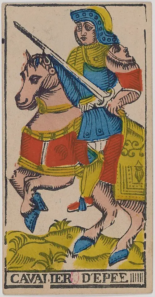 Ritter der Schwerter · Cavalier de Épées. Historische Camoin-Karte, um 1890–1900, nach dem Conver-Muster.