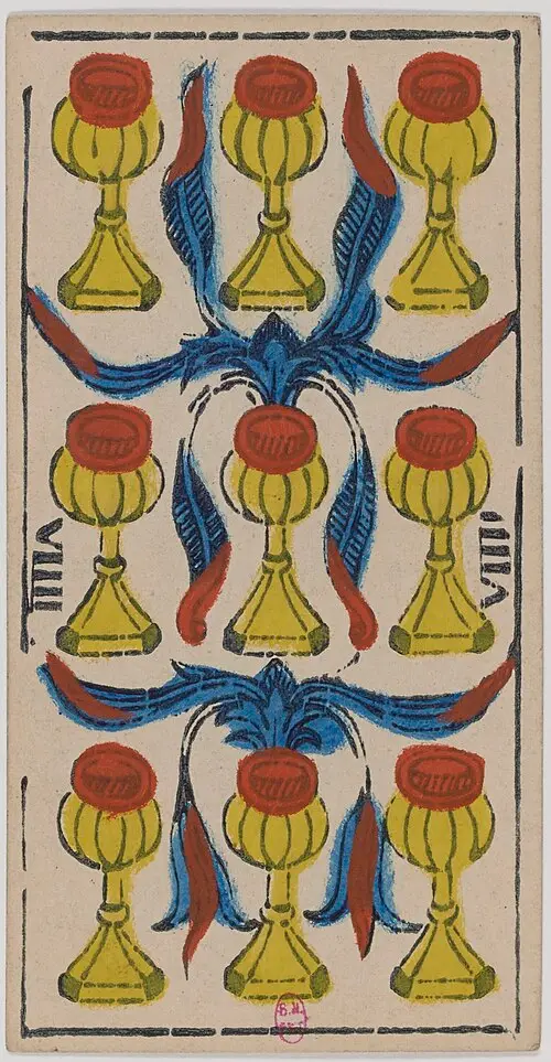 Neun der Kelche · Neuf de Coupes. Historische Camoin-Karte, um 1890–1900, nach dem Conver-Muster.