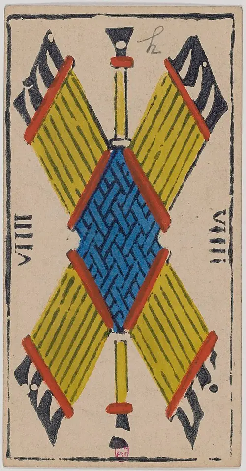 Neun der Stäbe · Neuf de Bâtons. Historische Camoin-Karte, um 1890–1900, nach dem Conver-Muster.