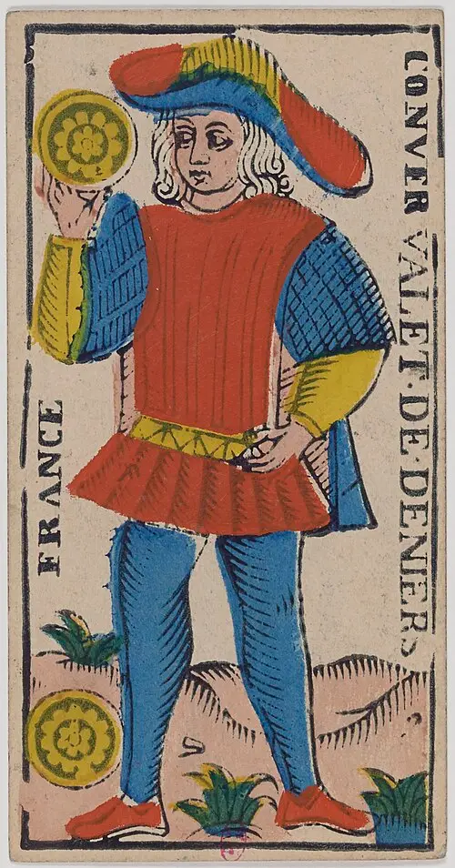 Bube der Münzen · Valet de Deniers. Historische Camoin-Karte, um 1890–1900, nach dem Conver-Muster.