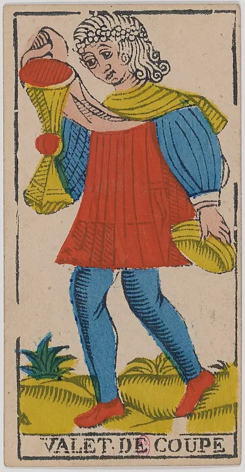 Bube der Kelche · Valet de Coupes. Historische Camoin-Karte, um 1890â1900, nach dem Conver-Muster.