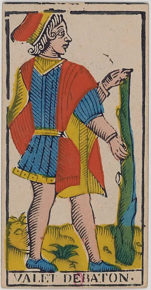 Bube der Stäbe · Valet de Bâtons. Historische Camoin-Karte, um 1890–1900, nach dem Conver-Muster.