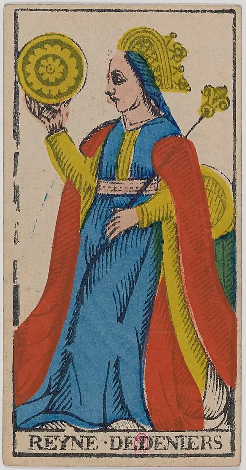 Königin der Münzen · Reine de Deniers. Historische Camoin-Karte, um 1890–1900, nach dem Conver-Muster.