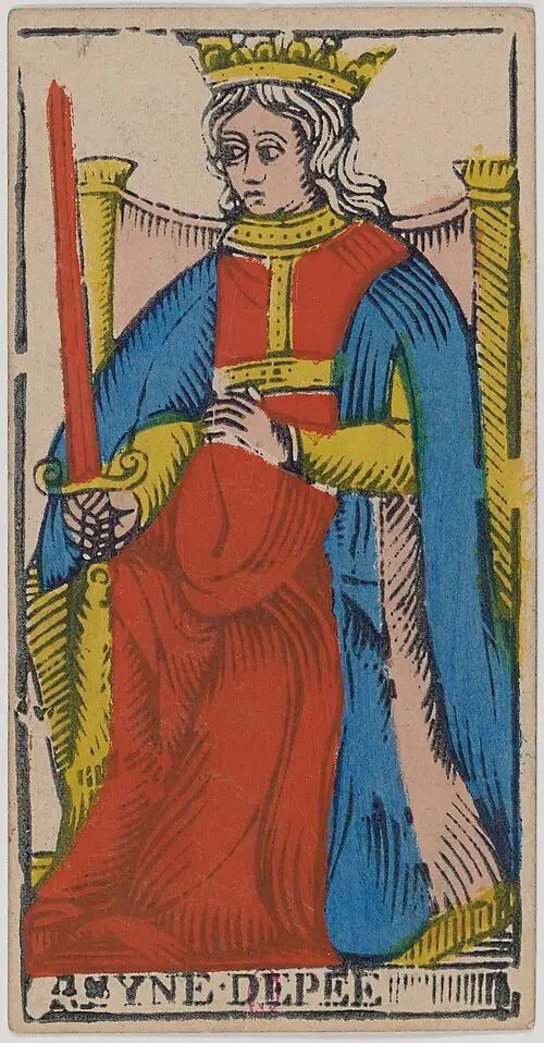 Königin der Schwerter · Reine de Épées. Historische Camoin-Karte, um 1890–1900, nach dem Conver-Muster.