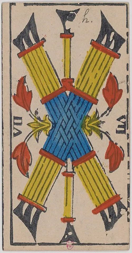 Sieben der Stäbe · Sept de Bâtons. Historische Camoin-Karte, um 1890–1900, nach dem Conver-Muster.