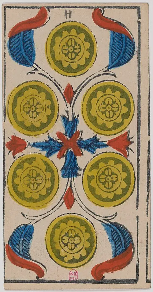 Sechs der Münzen · Six de Deniers. Historische Camoin-Karte, um 1890–1900, nach dem Conver-Muster.