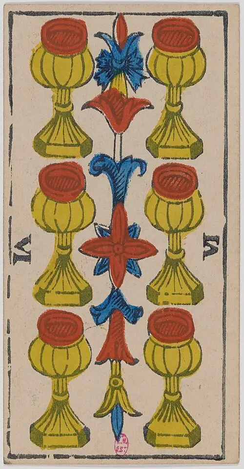 Sechs der Kelche · Six de Coupes. Historische Camoin-Karte, um 1890–1900, nach dem Conver-Muster.