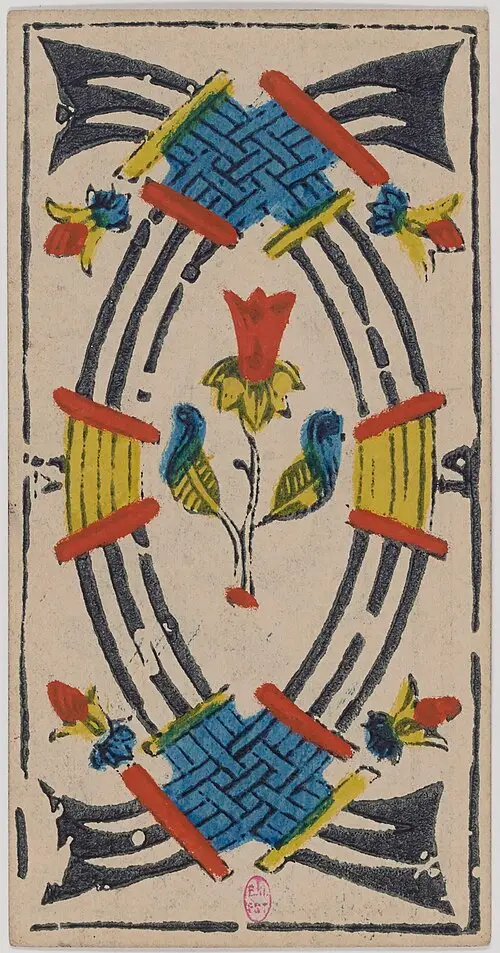 Sechs der Schwerter · Six de Épées. Historische Camoin-Karte, um 1890–1900, nach dem Conver-Muster.