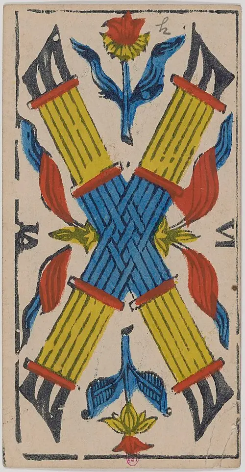 Sechs der Stäbe · Six de Bâtons. Historische Camoin-Karte, um 1890–1900, nach dem Conver-Muster.