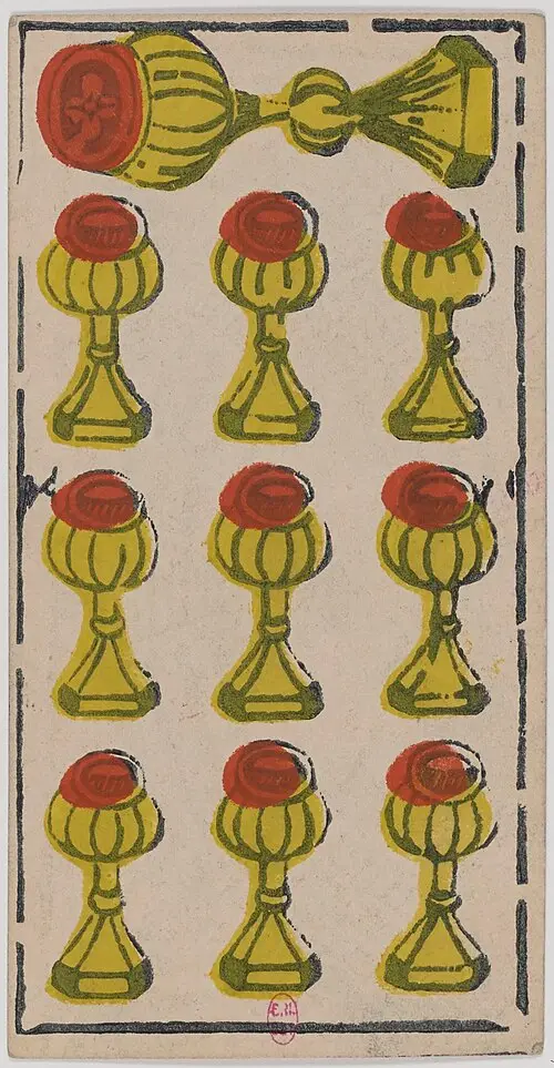 Zehn der Kelche · Dix de Coupes. Historische Camoin-Karte, um 1890–1900, nach dem Conver-Muster.
