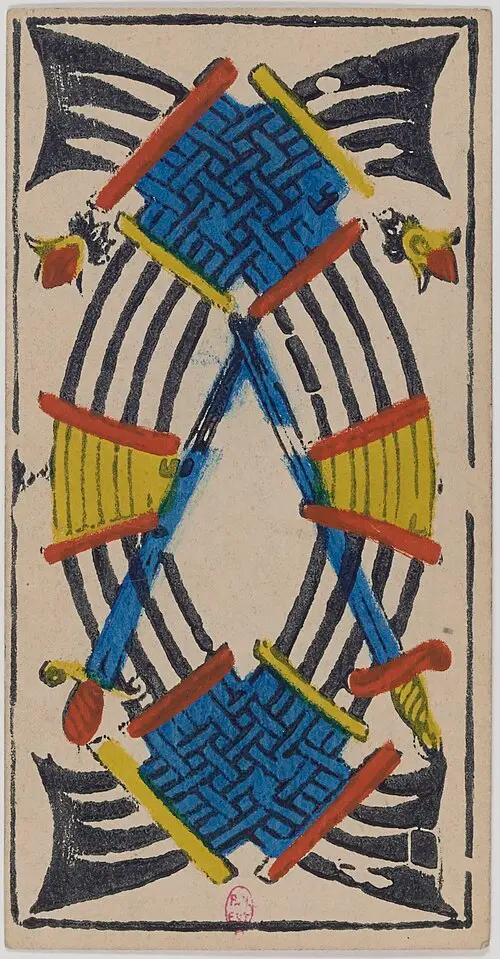 Zehn der Schwerter · Dix de Épées. Historische Camoin-Karte, um 1890–1900, nach dem Conver-Muster.