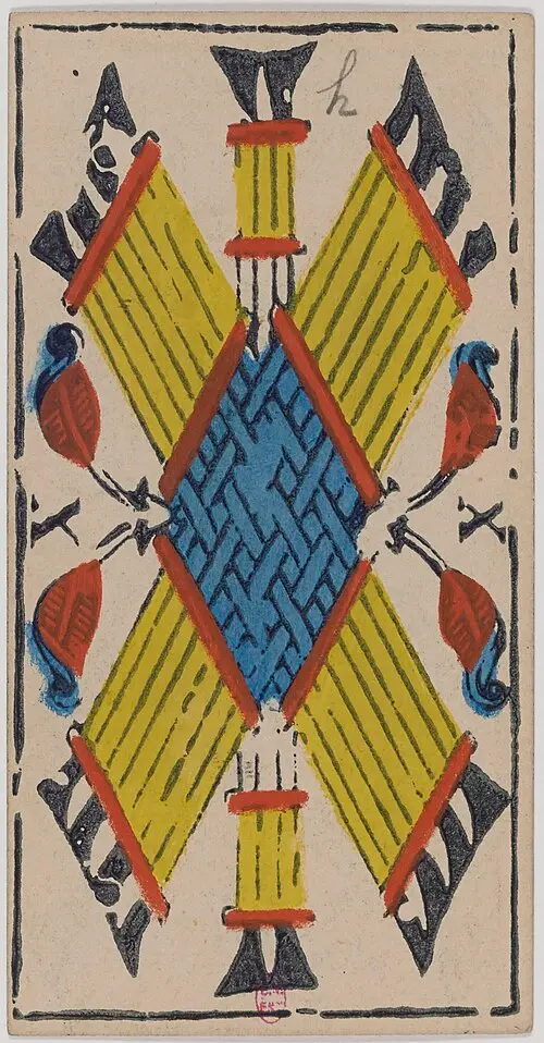 Zehn der Stäbe · Dix de Bâtons. Historische Camoin-Karte, um 1890–1900, nach dem Conver-Muster.