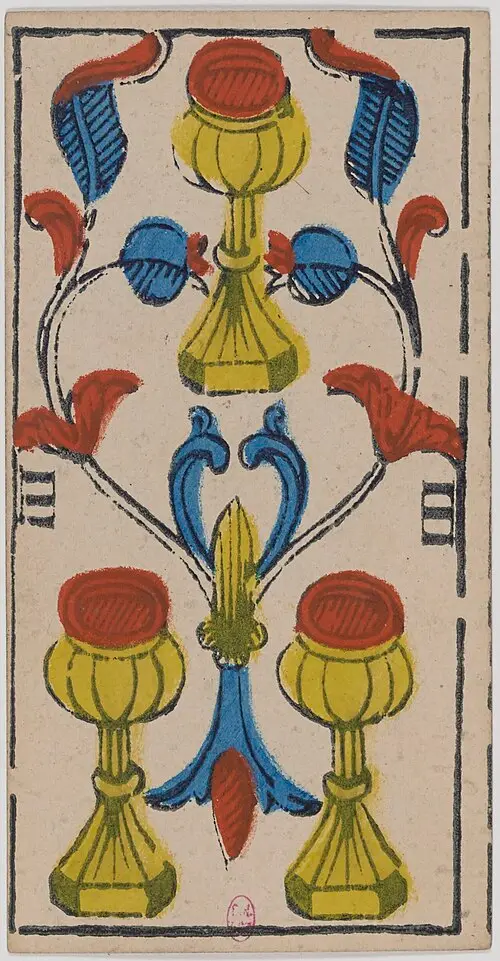 Drei der Kelche · Trois de Coupes. Historische Camoin-Karte, um 1890â1900, nach dem Conver-Muster.