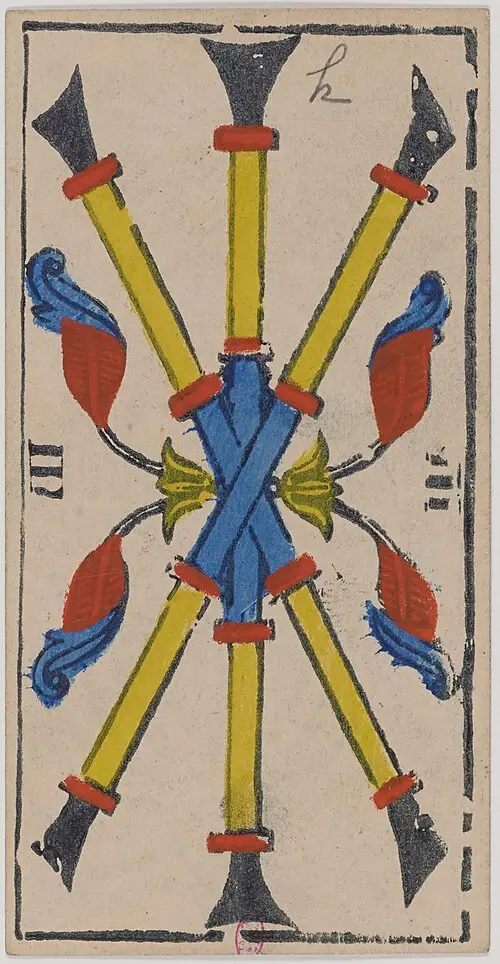 Drei der Stäbe · Trois de Bâtons. Historische Camoin-Karte, um 1890–1900, nach dem Conver-Muster.