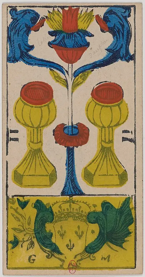 Zwei der Kelche · Deux de Coupes. Historische Camoin-Karte, um 1890–1900, nach dem Conver-Muster.
