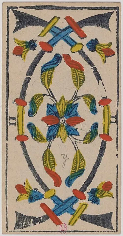 Zwei der Schwerter · Deux de Épées. Historische Camoin-Karte, um 1890–1900, nach dem Conver-Muster.