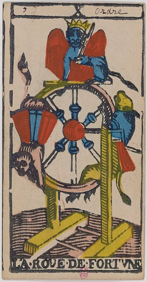Das Rad des Schicksals · La Roue de Fortune. Historische Camoin-Karte, um 1890–1900, nach dem Conver-Muster.