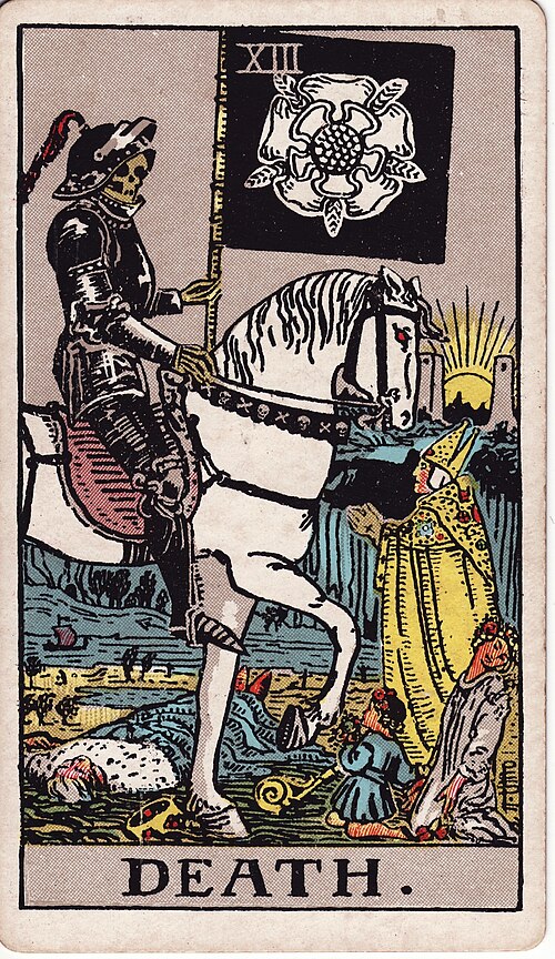 Der Tod: Skelett in Rüstung, Weißes Pferd, Schwarze Fahne und weiße Rose, Menschen und fernes Licht. Originalillustration von Pamela Colman Smith.