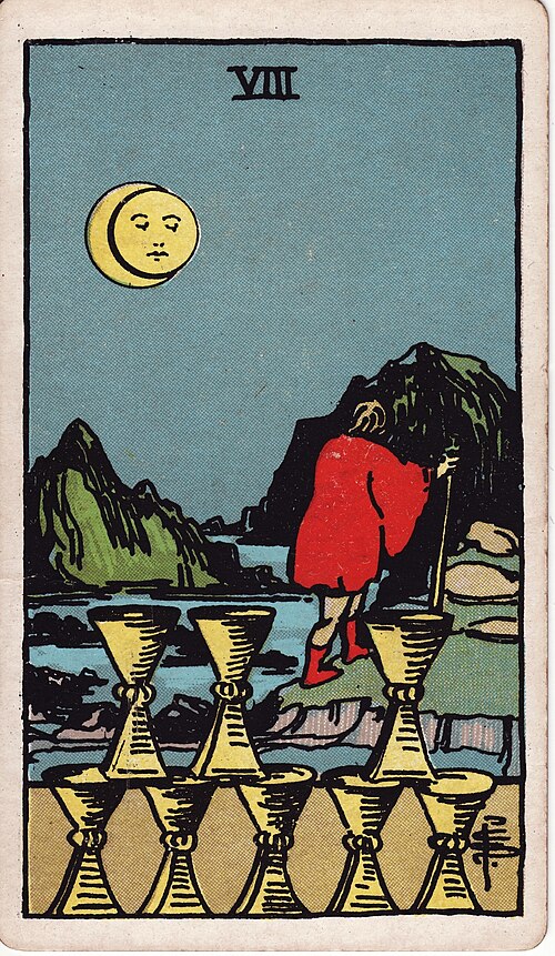 Acht der Kelche: Zurückgelassene Kelche, Fortgehende Figur, Stab und Gelände, Ungewöhnlicher Mond. Originalillustration von Pamela Colman Smith.