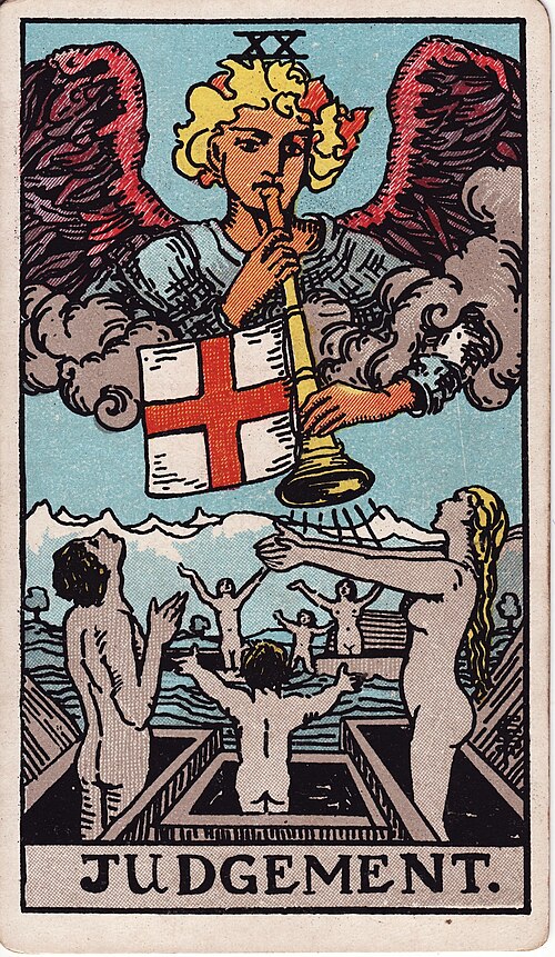 Das Gericht: Engel mit Trompete, Fahne mit Kreuz, Auferstehende Menschen, Offene Gräber und Berge. Originalillustration von Pamela Colman Smith.