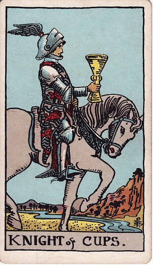 Ritter der Kelche: Vorgehaltener Kelch, Ruhiges Pferd, Geflügelter Helm, Wasserlauf. Originalillustration von Pamela Colman Smith.