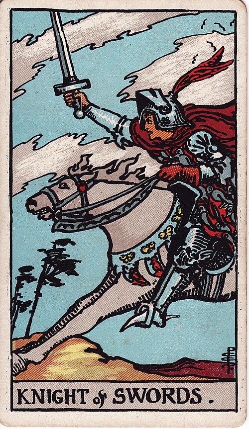 Ritter der Schwerter: Stürmendes Pferd, Erhobenes Schwert, Gebeugte Bäume und Wolken, Nach vorn gerichteter Körper. Originalillustration von Pamela Colman Smith.