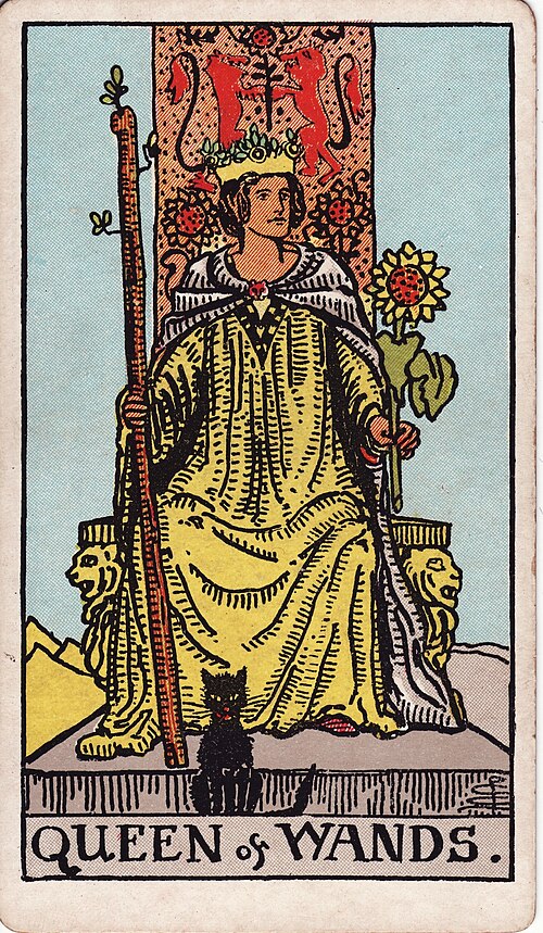 Königin der Stäbe: Sonnenblume, Schwarze Katze, Löwen am Thron, Aufrechte offene Haltung. Originalillustration von Pamela Colman Smith.