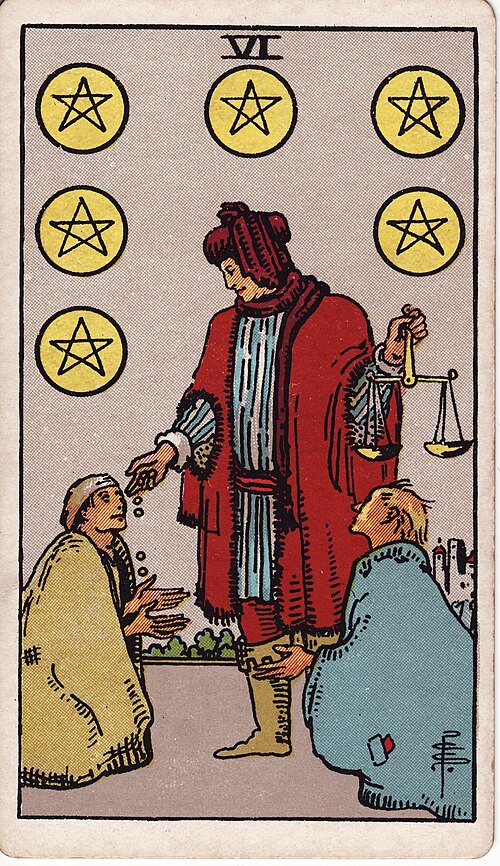 Sechs der Münzen: Waage in einer Hand, Ausgeteilte Münzen, Zwei kniende Menschen, Sechs schwebende Pentakel. Originalillustration von Pamela Colman Smith.