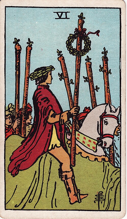 Sechs der Stäbe: Lorbeerkranz, Weißes Pferd, Begleitende Menschen, Bekränzter Stab. Originalillustration von Pamela Colman Smith.