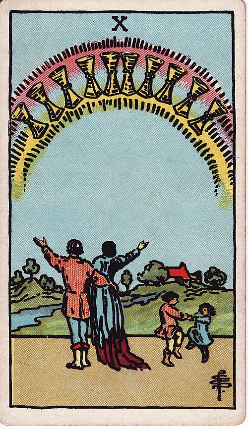 Zehn der Kelche: Regenbogen mit zehn Kelchen, Zugewandtes Paar, Spielende Kinder, Haus und Landschaft. Originalillustration von Pamela Colman Smith.