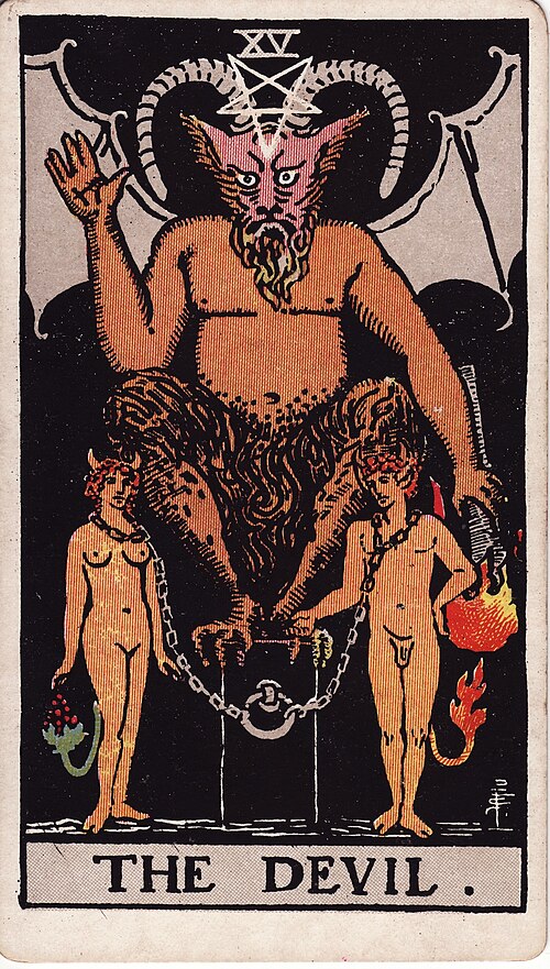 Der Teufel: Ketten und Halsringe, Gehörnte Gestalt, Umgekehrte Fackel, Paar mit Schwänzen. Originalillustration von Pamela Colman Smith.