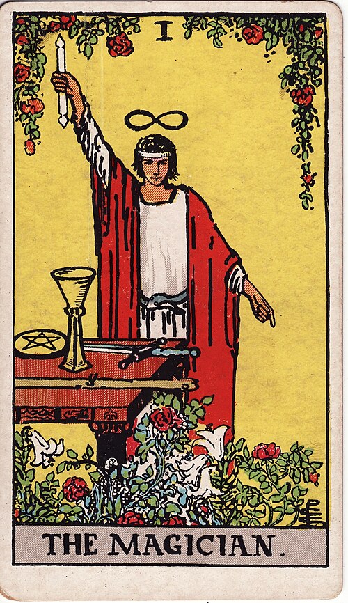Der Magier: Vier Werkzeuge, Gesten der Hände, Liegende Acht, Schlangengürtel und Blumen. Originalillustration von Pamela Colman Smith.