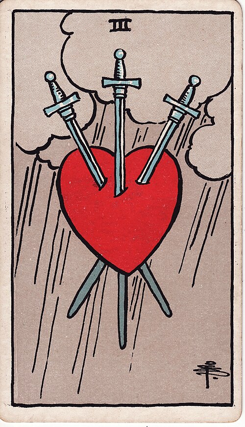 Drei der Schwerter: Rotes Herz, Drei durchdringende Schwerter, Regen, Fehlende Personen. Originalillustration von Pamela Colman Smith.