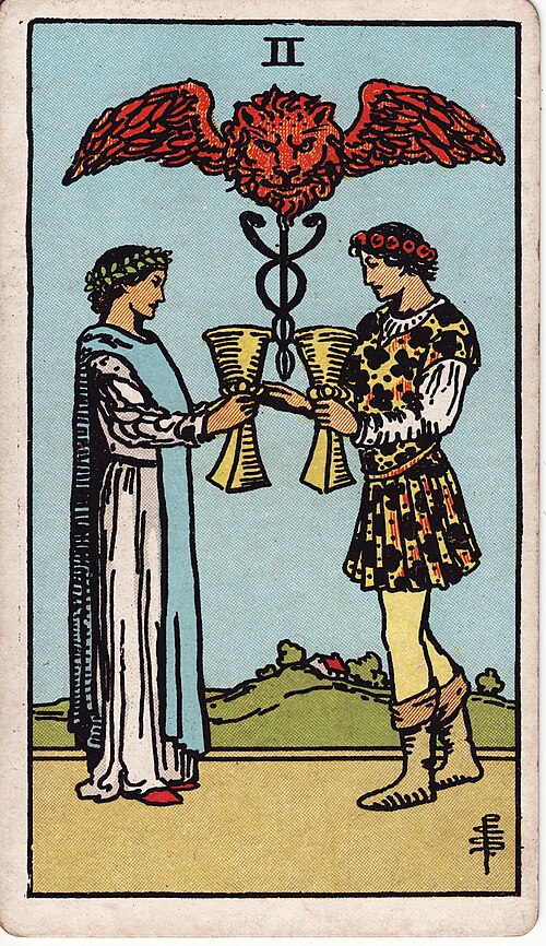 Zwei der Kelche: Zwei angebotene Kelche, Gegenüberstellung, Caduceus, Geflügelter Löwenkopf. Originalillustration von Pamela Colman Smith.